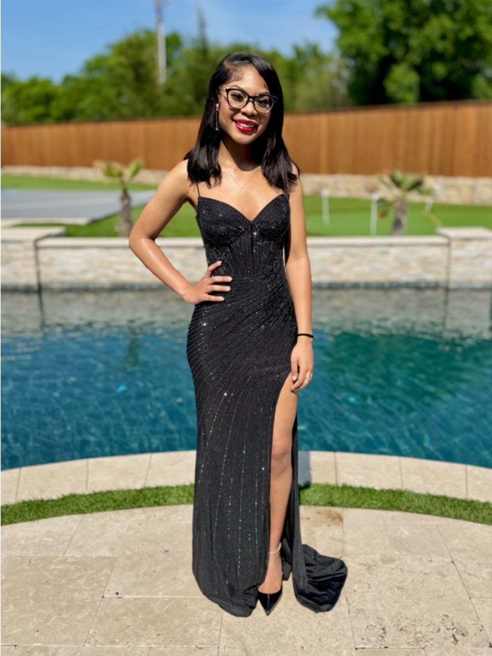 Elegant Black Beaded Spaghetti Strap Evening Gown with Thigh Slit